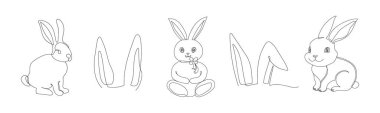 Bir çift tavşan ve tavşan kulağı. Sürekli bir çizgi çiziyor. Basit çizgi sanatı. Beyaz arka planda izole edilmiş. Minimalist tarzda. Yazdırma, selamlama, kartpostal, hatıra defteri için tasarım ögeleri.