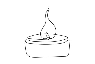Alevli çay mumu. Yanan dekoratif aromatik mum. Sürekli bir çizgi çiziyor. Çizgi çalışması. Beyaz arka planda izole edilmiş. Yazdırma, selamlama, kartpostal, hatıra defteri için tasarım ögesi