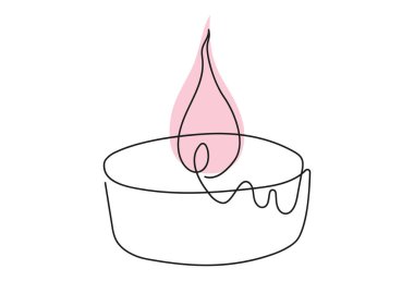 Pembe alevli çay mumu. Yanan dekoratif aromatik mum. Sürekli bir çizgi çiziyor. Çizgi çalışması. Beyaz arka planda izole edilmiş. Yazdırma, yapıştırma defteri, selamlama, kartpostal için tasarım ögesi