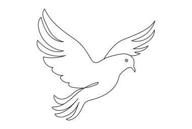 Uçan güvercin çizgisi sanatı. Sürekli bir çizgi çiziyor. Uçan güvercin. Barış, özgürlük, umut kavramı. Beyaz arka planda izole edilmiş. Yazdırma, kartpostal, hatıra defteri, boyama kitabı için tasarım ögesi.