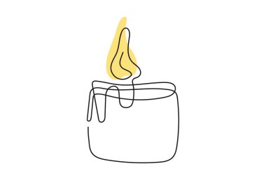 Sarı alevli mum. Yanan dekoratif aroma mumu. Sürekli bir çizgi çiziyor. Çizgi çalışması. Beyaz arka planda izole edilmiş. Yazdırma, selamlama, kartpostal, hatıra defteri için tasarım öğesi. Renk