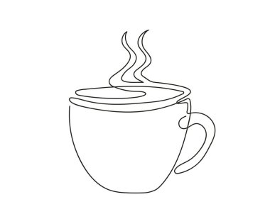 Buharlı sıcak bardak çizgisi. Kahve ya da çay kupası. Sürekli bir çizgi çiziyor. Beyaz bir arka planda izole edilmiş. Yazdırma, selamlama, kartpostal, hatıra defteri için tasarım öğesi. Sıcak içecek kavramı, iç.
