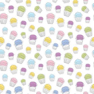 Rengarenk keklerin kusursuz deseni, sürekli tek çizgi çizim tarzında. Dalgalı kremalı keklerin basit çizgisi. Vektör beyazda izole edildi. Dekorasyon, baskı, tekstil, ambalaj kağıdı için