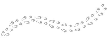 Tavşan ya da tavşan ayak izleri çapraz bir iz oluşturuyor. Özet geç. Paskalya Tavşanı 'nın izleri. Siyah vektör beyaz arkaplanda izole edildi. Evcil hayvan dükkanı, baskı, tekstil, oyun, kartpostal, hayvanat bahçesi, kıyafetler için iyi.