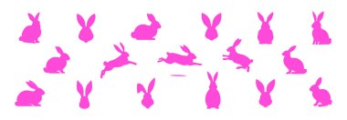 Bir çift pembe tavşan silueti. Paskalya tavşanları. Beyaz bir arka planda izole edilmiş. Basit bir tavşan simgesi. Sevimli hayvanlar. Tebrik kartı için logo, amblem, piktogram, baskı ve tasarım için uygundur