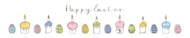 Paskalya pastaları, mumlar ve boyalı yumurtalar. Mutlu Paskalyalar. Sürekli bir çizgi çiziyor. Renkli Vektör beyazda izole edildi. Yazdırma ve selamlama için öğeler tasarla