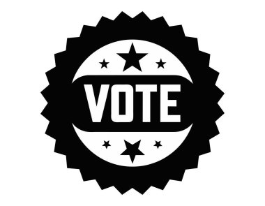 Dairesel rozet tasarımında siyah VOTE amblemi. Grafik simgesi. Beyaz arka planda resim. Demokrasi kavramı, seçimler, politik müdahale. Rozet, çıkartma, oy kampanyası için tasarım