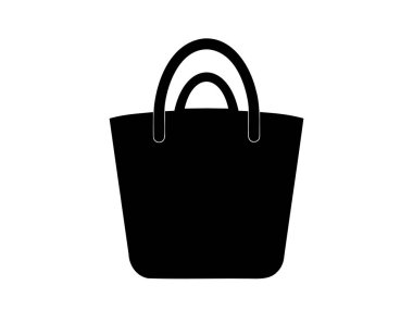 Siyah çanta silueti. İllüzyon. Basit bir monokrom alışveriş torbası ikonu. Minimalist tasarım. Logo, resim, parmak izi. Yeniden kullanılabilir çanta kavramı, çevre dostu alışveriş. Beyaz arkaplanda izole