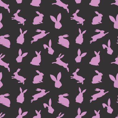 Farklı eylemlerde pembe tavşan siluetlerinin kusursuz paskalya deseni. Bayramlık Paskalya tavşanları tasarımı. Siyah arka planda izole edilmiş. Paskalya dekorasyonu, ambalaj kağıdı, selamlama, tekstil, baskı için