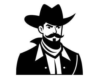 Siyah beyaz kovboy portresi. Şapkalı ve sakallı bir adamın monokrom vektörü. Batı kültürünün beyaz arka planında izole edilmiş, erkeksi tarzda, klasik Americana. Logo, etiket tasarımı