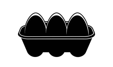 Yumurtalı yumurta kutusu. Siyah siluet. Siyah ve beyaz yumurta kutusu grafikleri. Simge, işaret, resim. Yiyecek deposu kavramı, mutfak malzemeleri, bakkal. Beyaz arkaplanda izole.