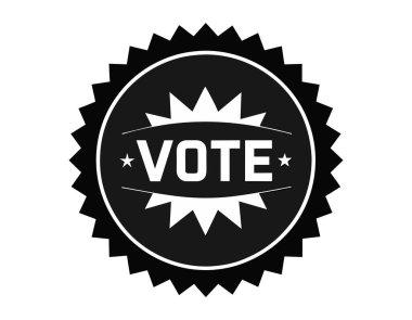 Dairesel rozet tasarımında siyah VOTE amblemi. Grafik simgesi. Beyaz yüzeyde çizim. Demokrasi kavramı, seçimler, politik müdahale. Rozet, çıkartma, oy kampanyası için tasarım