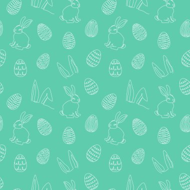 Seamless pattern of hand-drawn rabbits, ears, Easter eggs. Festive Easter bunnies design. Continuous line art. Isolated on green backdrop. Easter decoration, wrapping paper, greeting, textile, print clipart