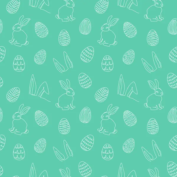 Elle çizilmiş tavşanlar, kulaklar, paskalya yumurtaları. Bayramlık Paskalya tavşanları tasarımı. Devamlı çizgi sanatı. Yeşil arka planda izole edilmiş. Paskalya dekorasyonu, ambalaj kağıdı, selamlama, tekstil, baskı