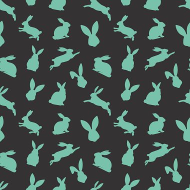 Yeşil tavşan siluetlerinin farklı eylemlerde paskalya aralıksız desenleri. Bayramlık Paskalya tavşanları tasarımı. Siyah arka planda izole edilmiş. Paskalya dekorasyonu, ambalaj kağıdı, selamlama, tekstil, baskı için
