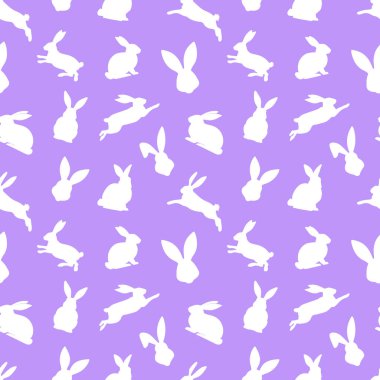 Beyaz tavşan siluetlerinin paskalya aralıksız desenleri farklı eylemlerde. Bayramlık Paskalya tavşanları tasarımı. Mor arka planda izole edilmiş. Paskalya dekorasyonu, ambalaj kağıdı, selamlama, tekstil, baskı için