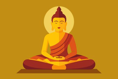 Buda lotus pozisyonu üzerine meditasyon yapıyor. Budizm 'in sembolü. Aydınlanma, meditasyon, Zen, din, ruhsal uyanış, iç huzur, sükunet kavramı. Sarı arka plan. Grafik sanatı