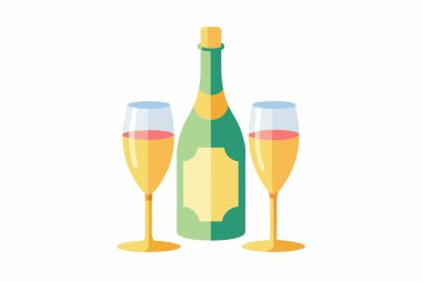 Şampanya şişeleri ve flüt bardakları. Beyaz arka planda izole edilmiş. Grafik çizimi. Kutlama konsepti, lüks içki, yemek zarafeti, lüks yemekler.