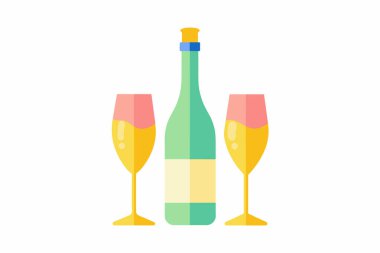 Şampanya şişeleri ve flüt bardakları. Beyaz arka planda izole edilmiş. Basit Grafik Çizimi. Kutlama konsepti, lüks içki, yemek zarafeti, lüks yemekler.