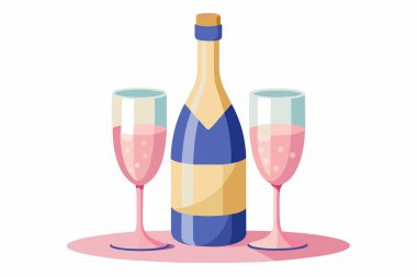 Şampanya şişeleri ve flüt bardakları. Beyaz arka planda izole edilmiş. Grafik sanatı. Kutlama konsepti, lüks içki, yemek zarafeti, lüks yemekler.