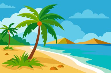 Palmiye ağaçları ve okyanus manzaralı tropik plaj grafik sanatı. Bereketli yeşillik ve sakin denizlerle dolu parlak kumlu bir sahil. Seyahat kavramı, yazlık yerler, sahil manzarası, tatil cenneti.