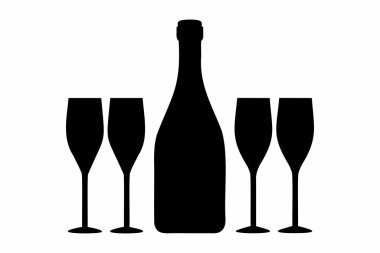 Dört kadehli bir şampanya şişesinin silüeti. Beyaz arkaplanda izole edilmiş siyah beyaz grafik çizimi. Minimalist tasarım. Kutlama kavramı, yeni yıl, Noel, kadeh kaldırma.