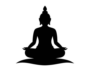 Buda 'nın siyah silueti beyaz arka planda izole edilmiş nilüfer pozisyonunda. Grafik çizimi. Budist meditasyon ikonu. Zen uygulaması, dini, meditasyon, Budizm kavramı