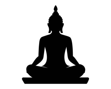 Buda 'nın siyah silueti beyaz yüzeyde izole edilmiş nilüfer konumunda. Grafik çizimi. Budist meditasyon ikonu. Zen uygulaması, dini, meditasyon, Budizm kavramı