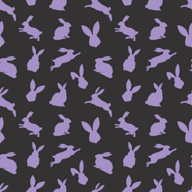 Farklı eylemlerde mor tavşan siluetlerinin kusursuz paskalya deseni. Bayramlık Paskalya tavşanları tasarımı. Siyah arka planda izole edilmiş. Paskalya dekorasyonu, ambalaj kağıdı, selamlama, tekstil, baskı için