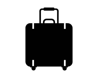 Siyah yuvarlanan bavul silueti beyaz yüzeyde izole edilmiş. Tekerlekli bavul silueti. Seyahat, turizm, tatil, iş gezileri ve bavul taşınabilirliği kavramı. Grafik illüstrasyon