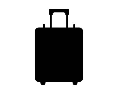 Beyaz arka planda siyah yuvarlanan bavul silueti. Tekerlekli bavul silueti. Seyahat, turizm, tatil, iş gezileri ve bavul taşınabilirliği kavramı. Grafiksel çizimler