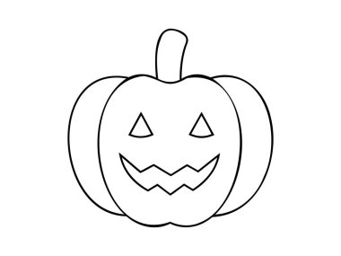 Gülen Cadılar Bayramı balkabağının siyah çizgisi. İllüzyon. Dost canlısı Jack-o-Lantern. Cadılar Bayramı 'nın beyaz fon kavramı, şenlik dekoru, sonbahar kutlaması, Ekim geleneği. Simge.