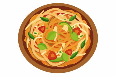 Tay peynirli, erişteli ve sebzeli Pad Thai. Geleneksel Tayland yemeği. Sağlıklı beslenme, vejetaryen mutfağı, Asya mutfağı geleneği. Grafik çizimi beyaz arkaplanda izole edildi