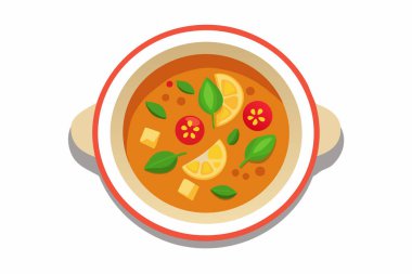 Tayland Tom Yum çorbası, karides, mantar, taze otlar. Aromatik baharatlı et suyu. Konsept Asya mutfağı, Tayland mutfağı, egzotik yemekler, geleneksel yemekler. Grafik sanatı. Beyaz arka planda izole edilmiş. Üst görünüm