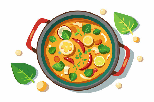 Thai curry in bowl with chicken, basil leaves, chili peppers. Traditional Thai meal. Concept of authentic Asian cuisine, national dish, spicy food. Graphic illustration. Isolated on white background