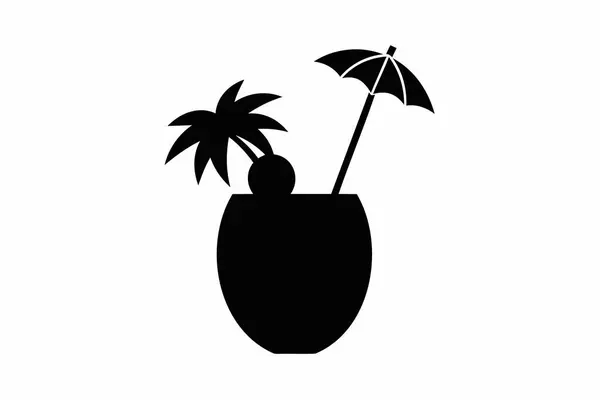 Şemsiyeli tropikal bir kokteyl bardağının silüeti. Plaj içeceği ikonu. Siyah illüstrasyon beyaz arka planda izole edildi. Baskı, logo, resim. Tatil kavramı, plaj içkileri.