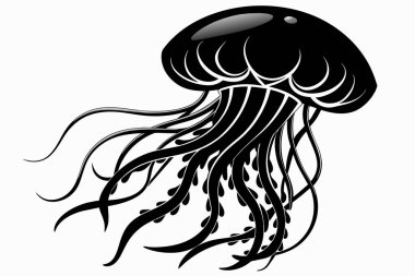 Akan dokunaçları olan denizanasının siyah silueti. Oceanic medusa. Okyanus hayvanı kavramı, deniz yaratığı. Grafik çizimi. Yazdırma, simge, logo, tasarım için element. Beyaz arkaplanda izole