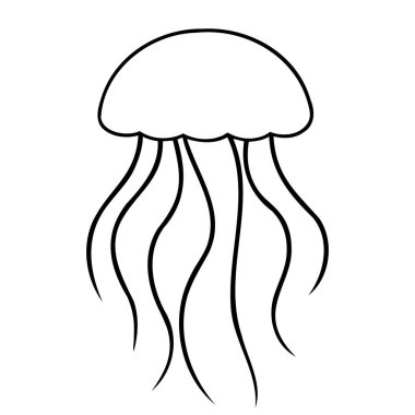Akan dokunaçları olan denizanalarının siyah hatları. Oceanic medusa anahatları. Okyanus hayvanı kavramı, deniz yaratığı. Grafik çizimi. Yazdırma, simge, tasarım elemanı. Beyaz arkaplanda izole