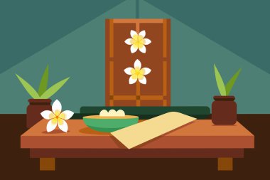 Boş Tayland Spa Tedavi Odası. Kaplıca iç mekanı. Rahatlama, masaj odası, sağIık, sükunet, hoşgörü kavramı. Grafik çizimi. Yazdırma, tekstil tasarım ögesi