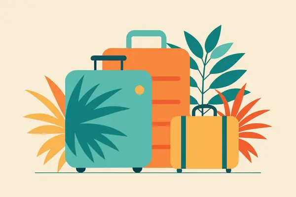 stock vector Isolated Suitcases with tropical palm leaves. Travel luggage ready for holiday. Concept of vacation, travel gear, tropical destination, journey. Graphic illustration. Print, textile, design element