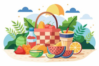 Güneşli bir plajda yiyecek ve içeceklerle piknik yapmak. Beyaz arka planda izole edilmiş. Yaz kavramı, boş zaman, açık hava yemeği ve rahatlama. Grafik illüstrasyon