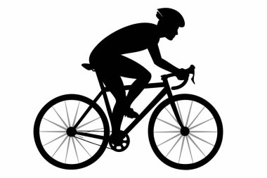 Beyaz arka planda izole edilmiş siyah bisikletçi silueti. Bisikletli adam. Grafik sanatı. Fitness, bisiklet, spor, aktif yaşam tarzı kavramı. Simge, şablon, işaret, logotip, yazdırma, tasarım ögesi