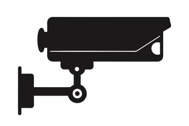 Güvenlik kamerasının siyah silueti, beyaz arka planda izole edilmiş basit bir gözetleme ekipmanı tasarımı. Güvenlik, izleme, güvenlik kavramı. Yazdır, logo, imza, tasarım ögesi