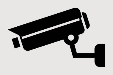 Güvenlik kamerasının siyah silueti, beyaz arka planda izole edilmiş basit bir gözetleme ekipmanı tasarımı. Güvenlik, izleme, güvenlik kavramı. Yazdır, logo, imza, tasarım ögesi