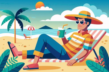 Man enjoying tropical drink on sunny beach. Guy with refreshing cocktail. Concept of summer leisure, beach relaxation, vacation vibes. Graphic illustration. Print, design clipart