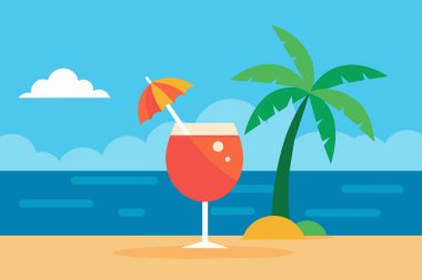 Tropikal okyanus arka planına karşı tropikal kokteyl tazeleniyor. Doğal ortamda canlı bir içecek. Yaz içkileri, ferahlatıcı içecekler, egzotik kokteyller, boş zaman. Basit Grafik Sanatı