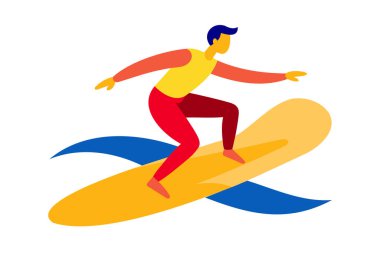 Adam canlı dalgalarda sörf yapıyor. Dalgalarda sörf yapan renkli bir sörf tahtası. Su sporları, aksiyon, tatil kavramı. Grafik çizimi. Yazdır, tasarla. Beyaz arkaplanda izole