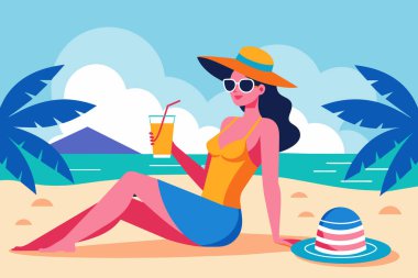 Güneşli sahilde tropikal içkiden hoşlanan bir kadın. Serinletici kokteyli olan genç bayan. Yaz tatili konsepti, plaj rahatlığı, tatil atmosferi. Basit Grafik Çizimi. Yazdır, tasarım