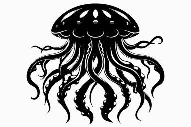 Akan dokunaçları olan denizanasının siyah silueti. Oceanic medusa. Okyanus hayvanı kavramı, deniz yaratığı. Grafik çizimi. Yazdırma, simge, logo, tasarım için element. Beyaz arkaplanda izole