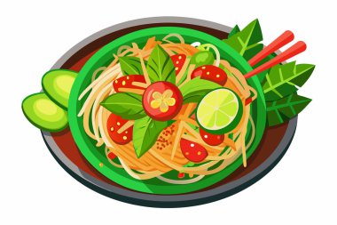 Tay Som Tum ve taze karides. Tayland salatası. Orijinal Asya mutfağı kavramı, geleneksel yemek. Grafik çizimi. Beyaz yüzeyde izole edilmiş